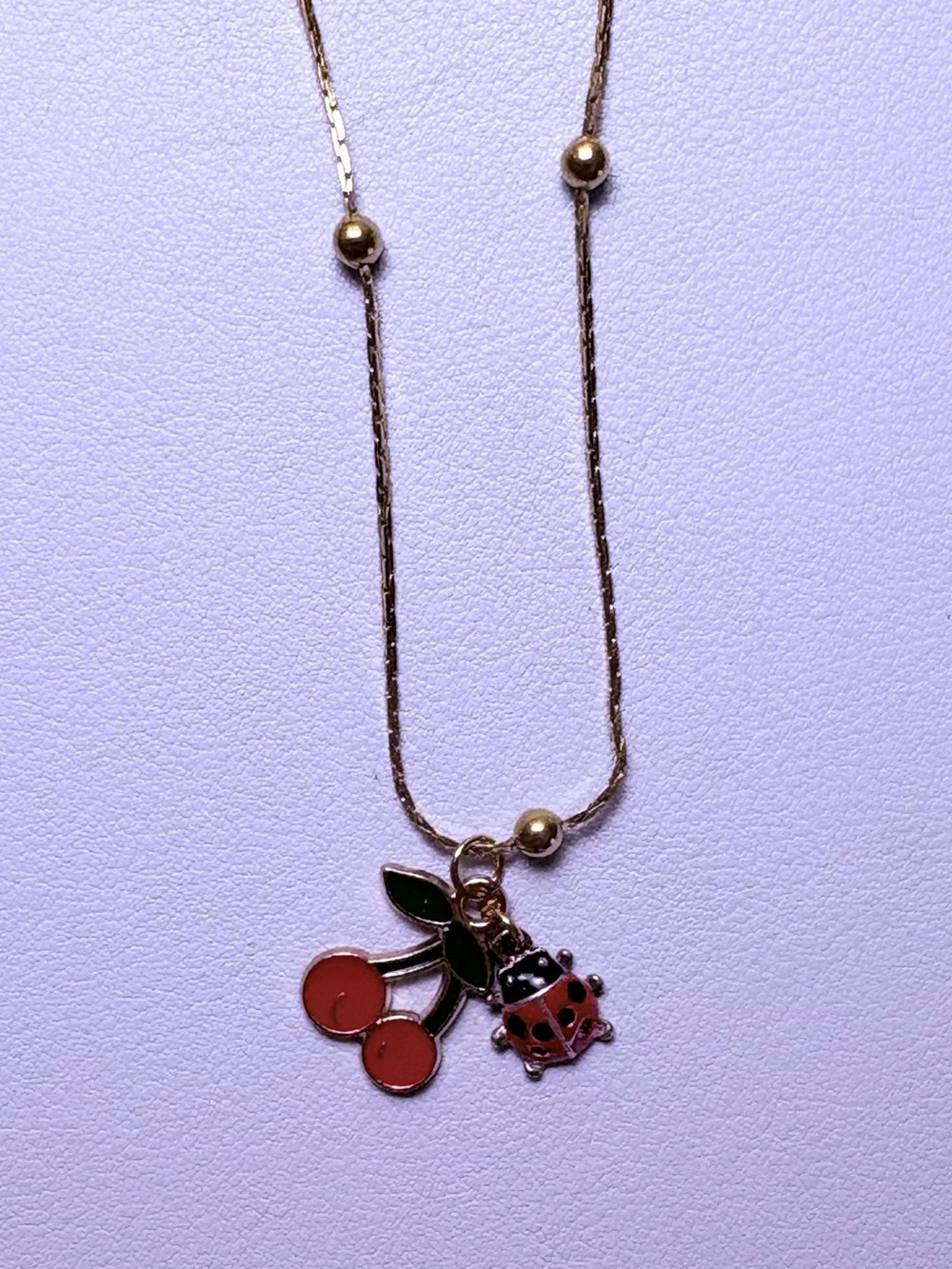 Y2K Cherry ladybug gold tone necklace cottagecore